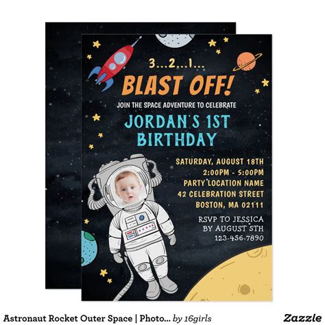 Astronaut Rocket Outer Space Photo 1st Birthday Invitation Zazzle
