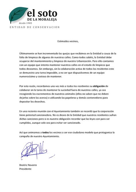 Carta De La Presidente A Los Vecinos Entidad De ConservaciÓn El Soto