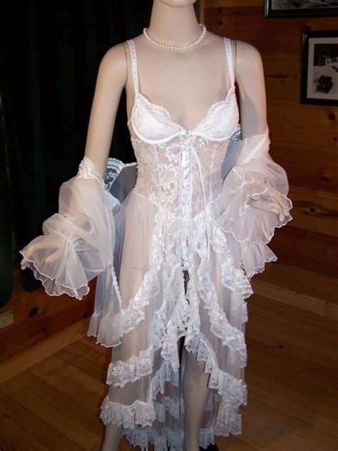 Vintage Wedding White Night Gown Peignoir Set Long With