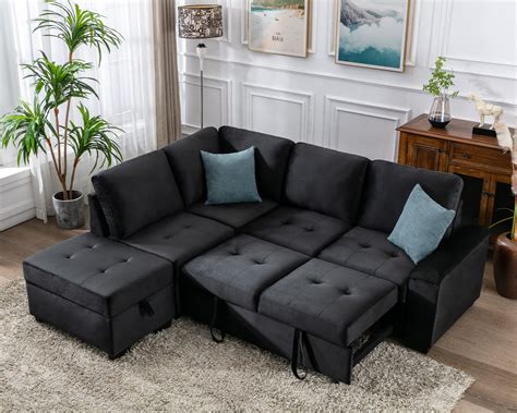 Buy Merax 86” Velvet Reversible Sectional Couch With Pull Out Er L