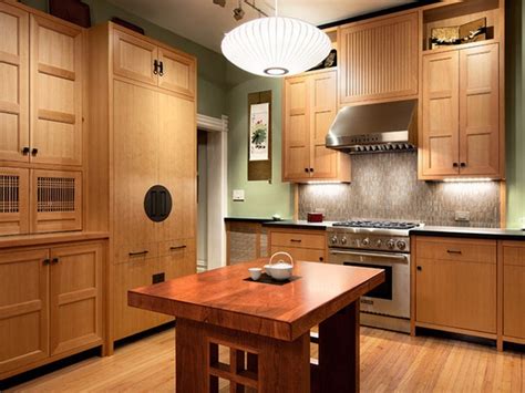 Japanese Kitchen With Bamboo Flooring And Wooden Cabinets And Island