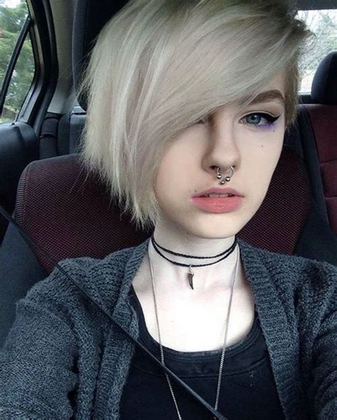 The rest of the hair can be left black, which allows the purple to really stand out. Girls white hair septum piercing | Short white hair, Punk ...