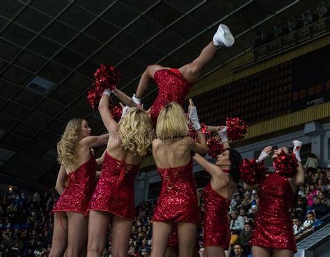 Girls Cheerleaders From The Team Red Foxes For The Match Ukraine Vs Romania Editorial Image