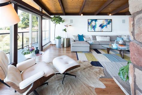 Midcentury Modern Living Room With Animal Skin Rug Hgtv