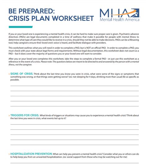 Mental Health Crisis Plan Worksheet Take Care