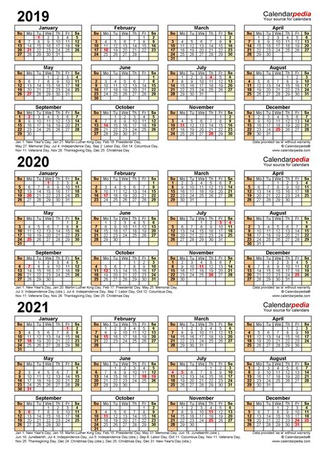 2019 2021 Three Year Calendar Free Printable Pdf Templates