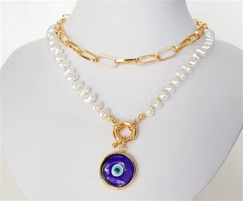 Gold Pearl And Evil Eye Necklace Paperclip Gold Chain Blue Etsy