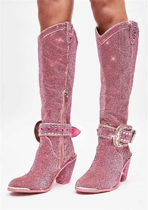 Sugar Thrillz Rhinestone Knee High Cowboy Boots Pink Knee High
