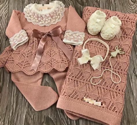 saida maternidade menina vestido rosê tricô 6 peças completa