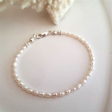 Tiny Freshwater Seed Pearl Bracelet Sterling Silver Small White Real