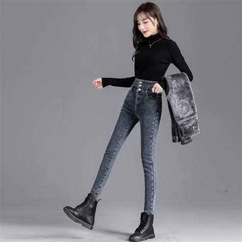 Купить Высококачественные зимние толстые теплые джинсы с высокой талией толстые женские модные