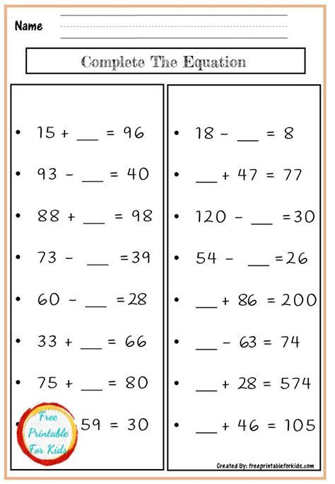 3rd Grade Math Equations Worksheet
