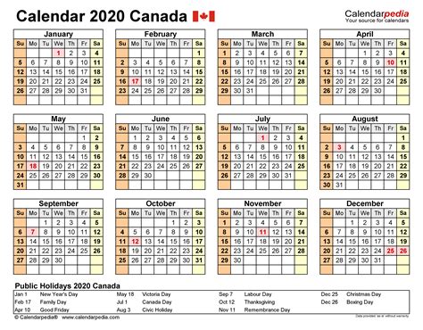 Canada Calendar 2020 Free Printable Word Templates