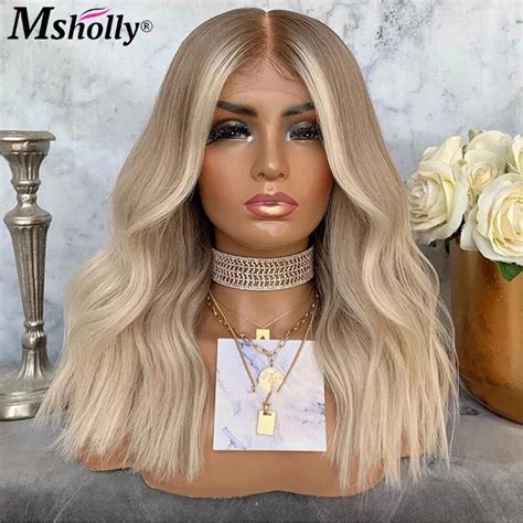 Lace Front Human Hair Wigs Brown Platinum Blonde Ombre Wavy Human Hair