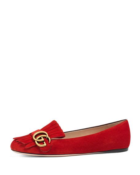 Gucci Marmont Fringe Suede Ballerina Flat In Red Suede Modesens