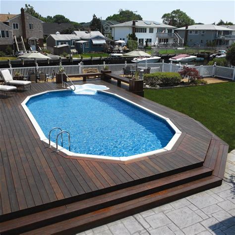 Pool Backyard Designs Minimalist Elips Shape Semi Inground Pool