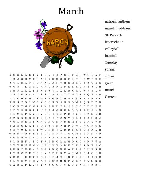 March Word Search Printable For Kids