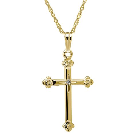 Diamond 14k Yellow Gold Budded Cross Pendant Necklace