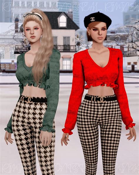 Frill Crop Knit Top And Ch Belt And Tight Pants At Rimings Sims 4 Updates