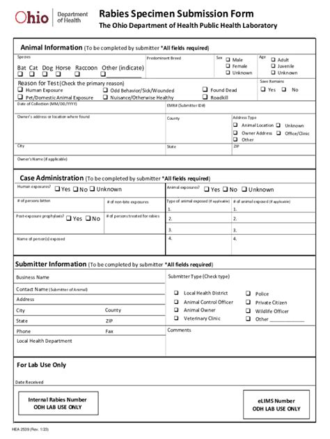 Fillable Online Odh Ohio Rabies Specimen Submission Form Ohio