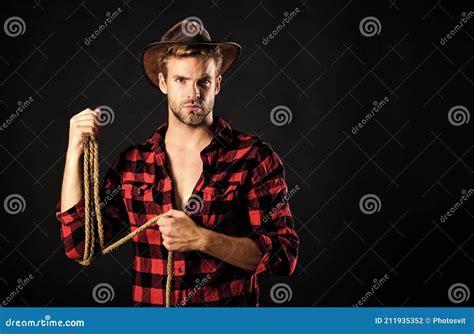 Lassoing On Prairie Man Unshaven Cowboy Black Background Cowboy