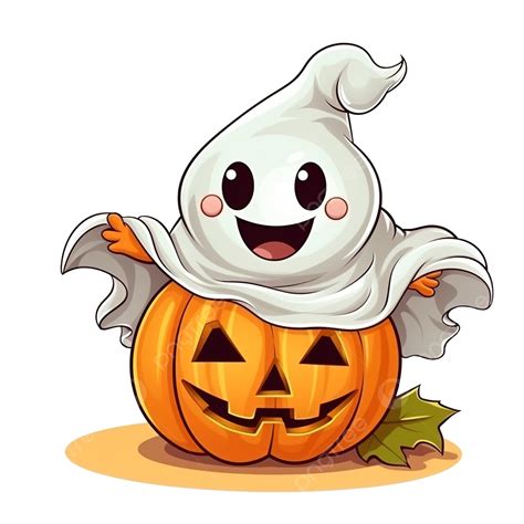 Post Card Halloween Design With Cute Ghost Hold Pumpkin In Cartoon
