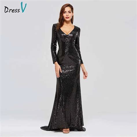 Dressv Black Evening Dress V Neck Long Sleeves Sequins Mermaid Floor Length Wedding Party Formal