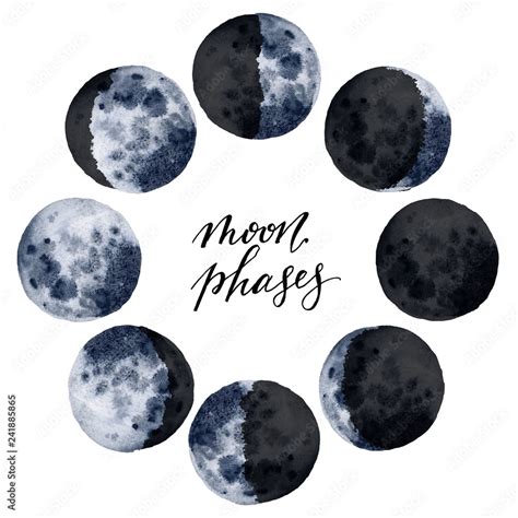Watercolor Various Moon Phases Isolated On White Background Hand Drawn