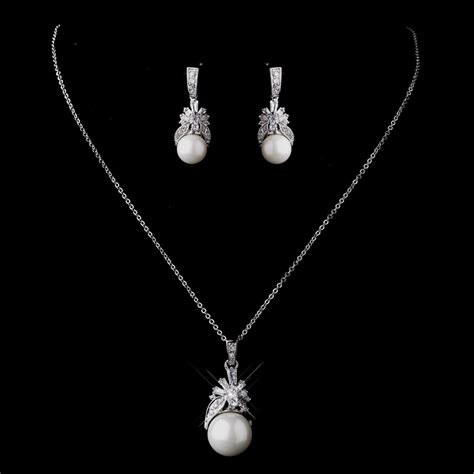 Silver Plated Pearl And Cz Pendant Wedding Jewelry Set Bridal Jewelry