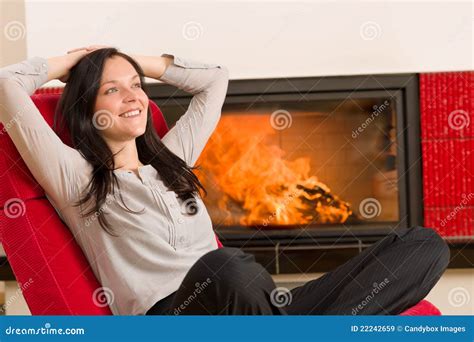 Winter Home Fireplace Woman Relax Red Armchair Stock Image Image Of