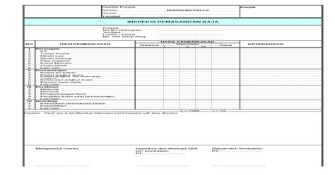 Form Inspeksi Pemasangan Baja Xls Document