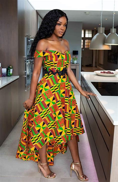 kente african print high low off shoulder dress embroider waistband kenya latest african