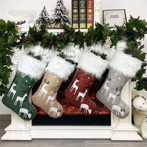 4 Pcs Christmas Stocking Classic Reindeer Xmas Stockings With Plush Faux Fur Cuff Large Stocking