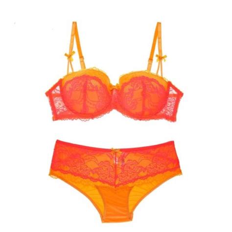 Sexy Underwear Set Large Size Gathers Lingerie Set Underwire Lace Orange Plus Size Bra Set