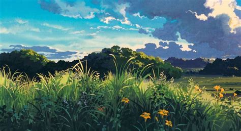 A Painting Of Grass And Flowers In The Foreground With Blue Sky Above Sun Shining Through Clouds