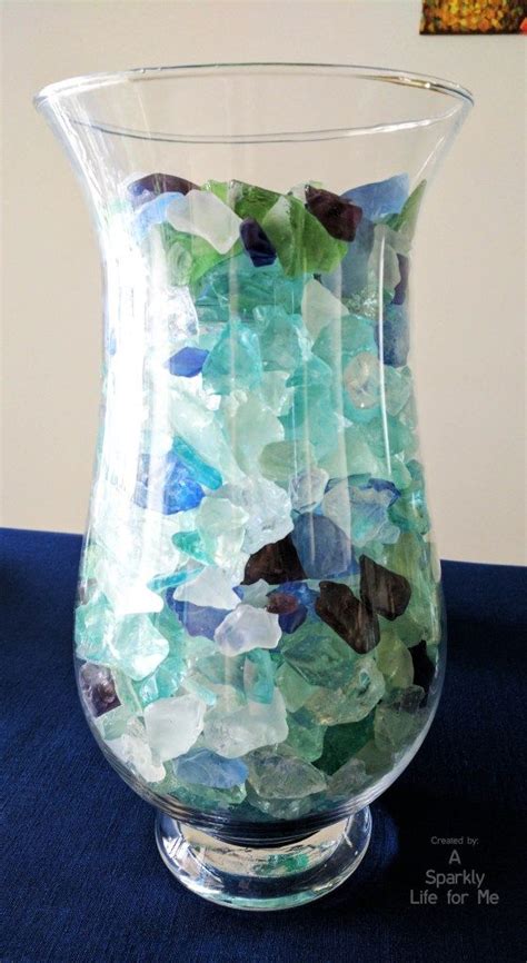 Sea Glass Centerpiece Before Water And Candle Added Clear Glass Vases Hurricane Glass Sea