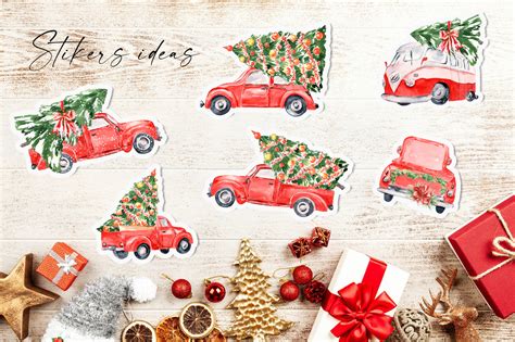Watercolor Red Christmas Truck Clipart Hand Drawn Vintage Red Truck
