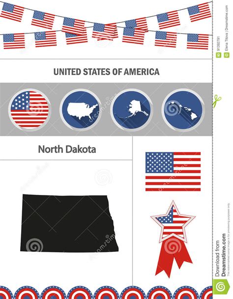 Map Of North Dakota Set Of Flat Design Icons Nfographics Elemen Stock