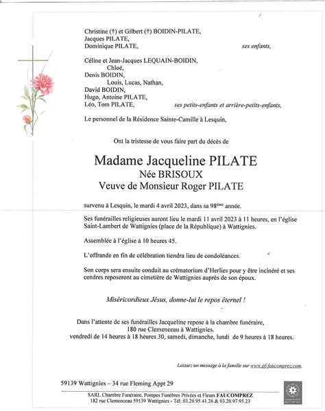 Madame Jacqueline Pilate Née Brisoux Pompes Funèbres Faucomprez