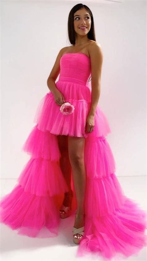 Stylish High Low Hot Pink Tulle Layered Long Prom Dress Hot Pink