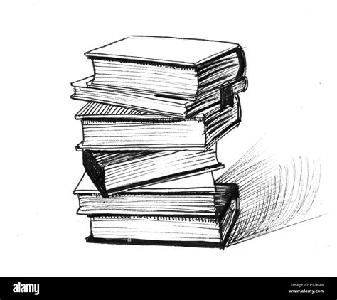 Pila De Libros Ilustración En Blanco Y Negro De Tinta Fotografía De
