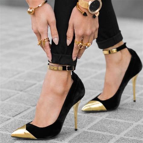 limited supply black and gold ankle strap heels pointy toe stilettos pumps elegantshoegirl