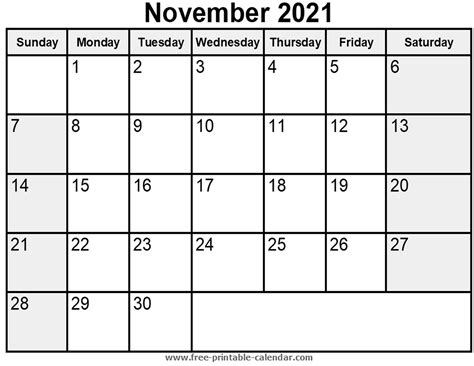 Printable November 2021 Calendar Free Printable