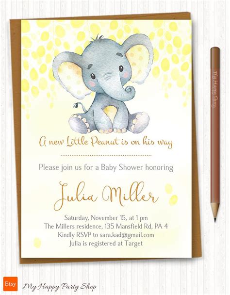 Yellow Elephant Baby Shower Invitation Printable Gender Etsy