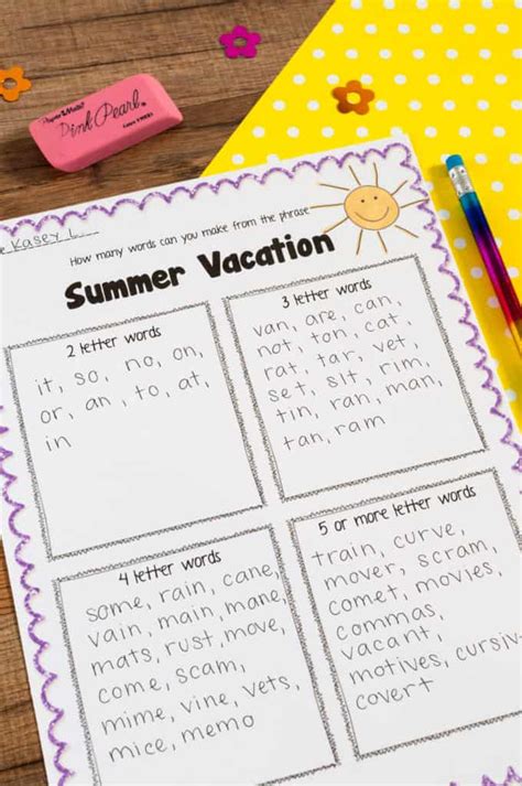 100 Summer Vacation Words Answers 100 Summer Vacation Words Word