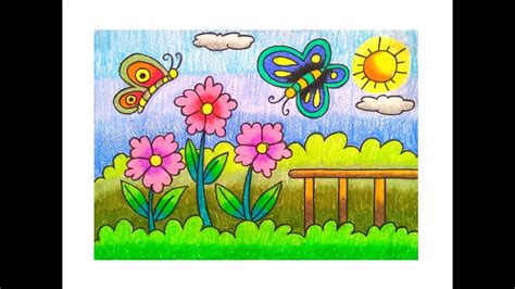 Easy Butterfly And Flowe In The Garden Scenery Drawinghow To Draw