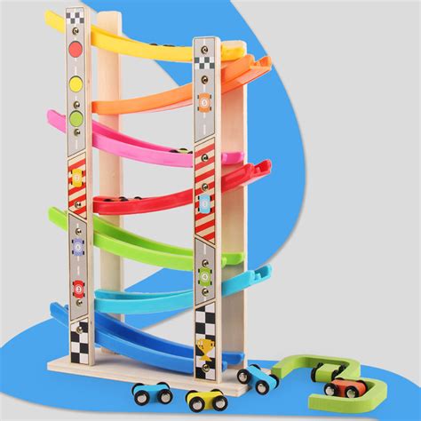 Wooden 7 Layer Ramp Race Track And 8 Mini Inertia Car Sliding Toy Vehicel