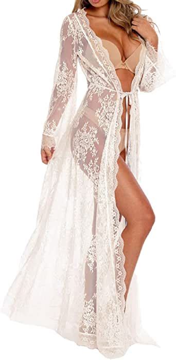 women sexy long lace dress sheer gown see through lingerie kimono robe nightgowns
