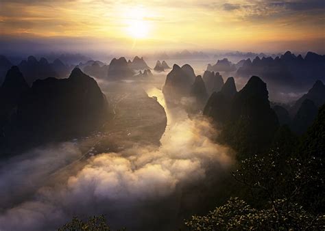 Nature Landscape Sunrise Mist Mountains River Shrubs Sky Town