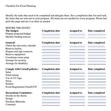 sample event planning checklist templates  google docs ms